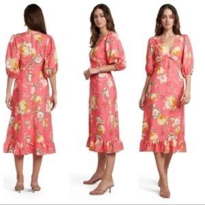 NWOT Ever New Melbourne Modi floral pouf sleeve linen dress M L size 8